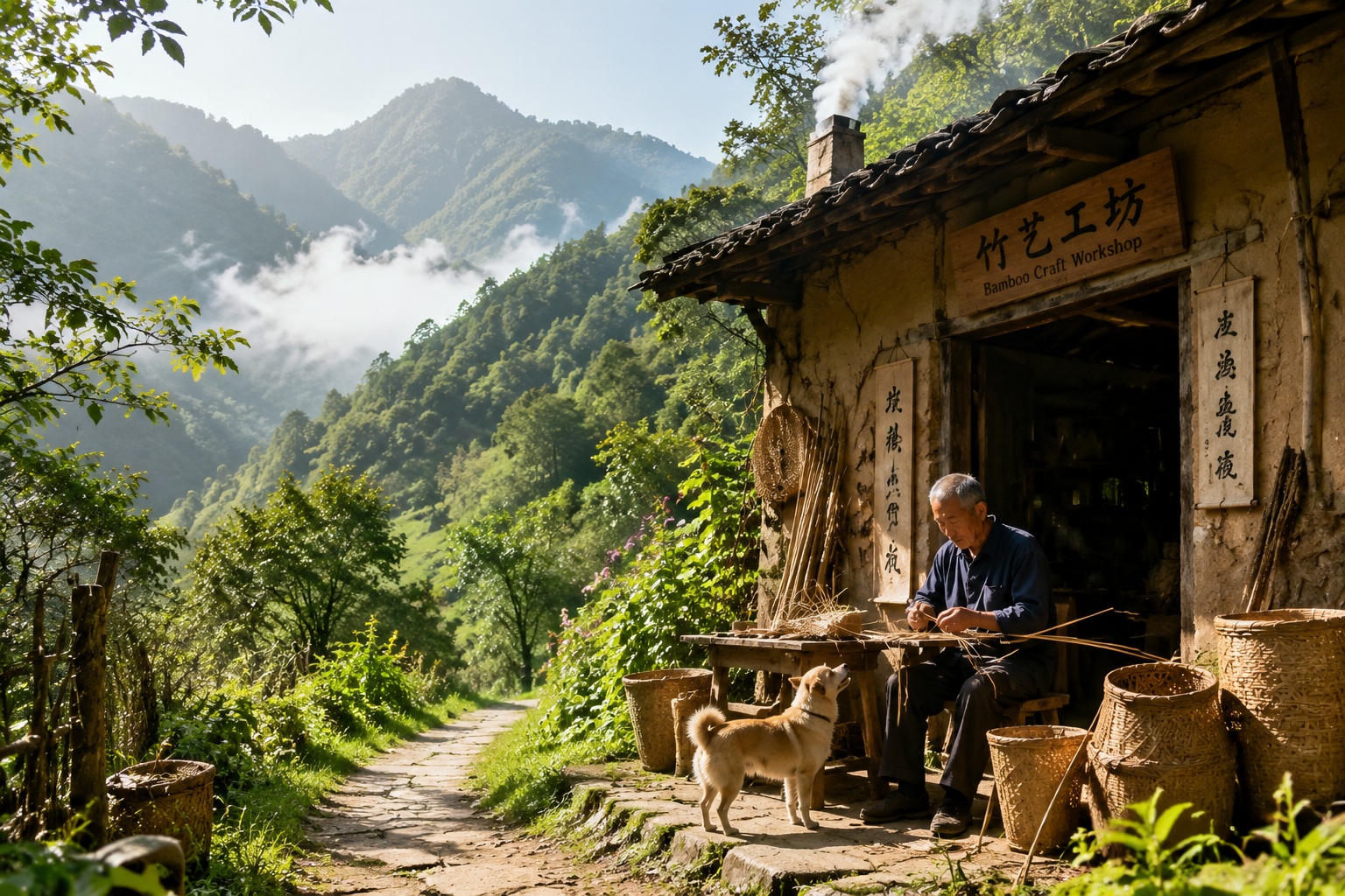 A scenic view of a remote mountain village where traditional iron-forging takes place