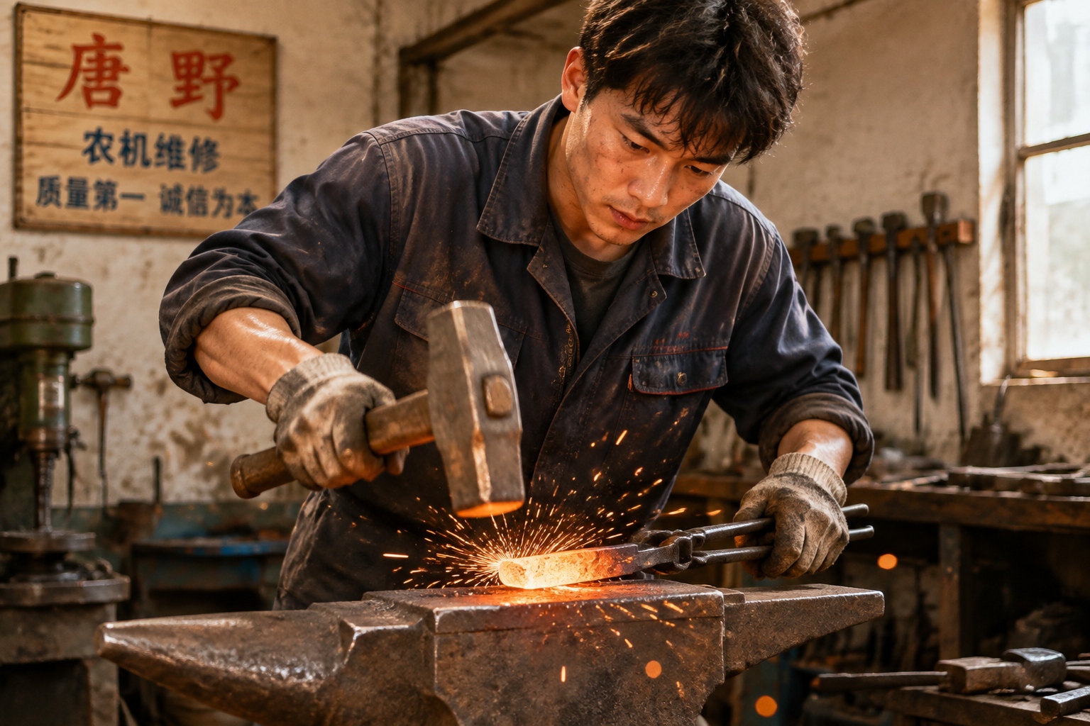 Close-up action shot of traditional blacksmithing process showing fire and steel interaction