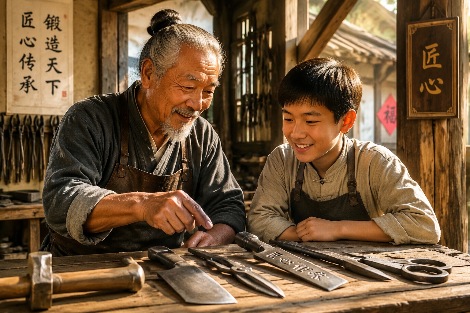 Intergenerational moment of teaching and learning traditional iron-forging skills