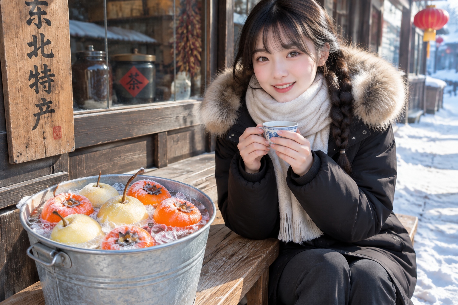 Frozen fruits soaking in a bucket of cold water for thawing on a winter street