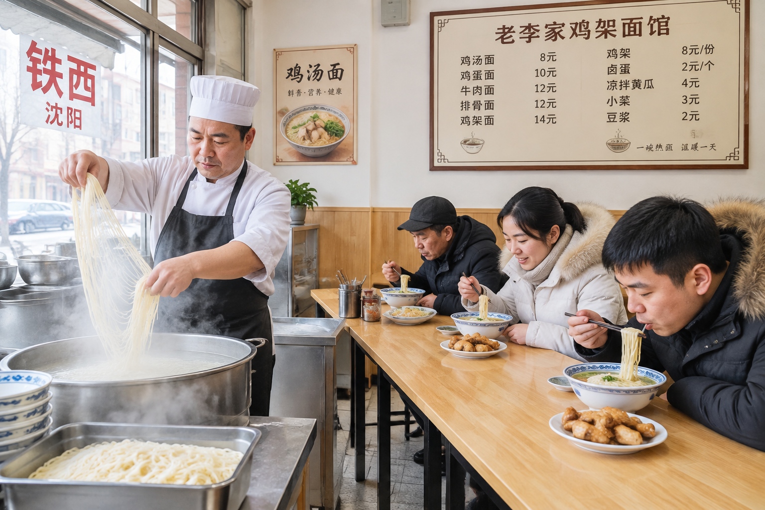 Customers eat chicken broth noodles at a small morning shop in Tiexi, Shenyang, Liaoning.