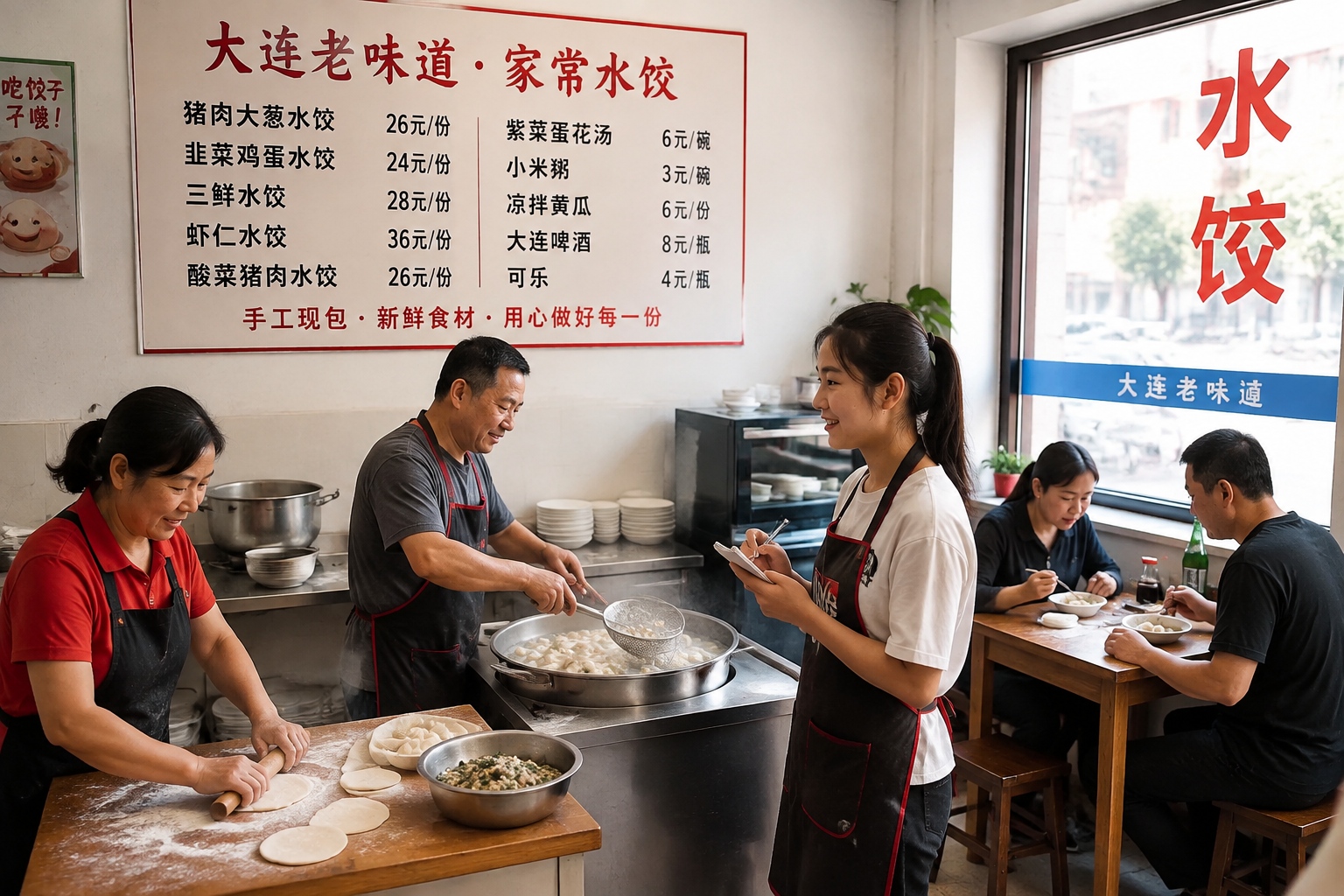 A family makes dumplings by hand at a small lunch shop in Dalian, Liaoning.