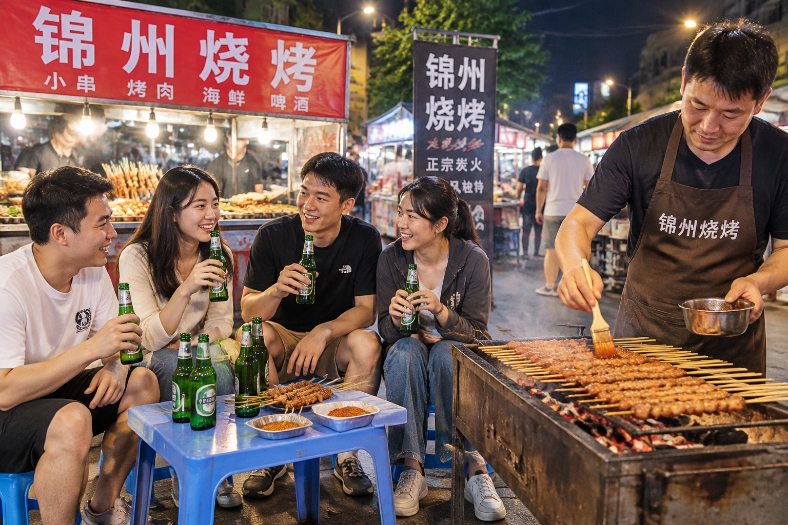 Friends eat small charcoal-grilled skewers at a busy night market in Jinzhou, Liaoning.