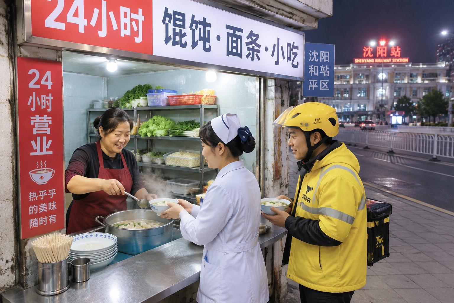 Late-night workers eat wonton soup at a 24-hour snack stand near Shenyang Railway Station.
