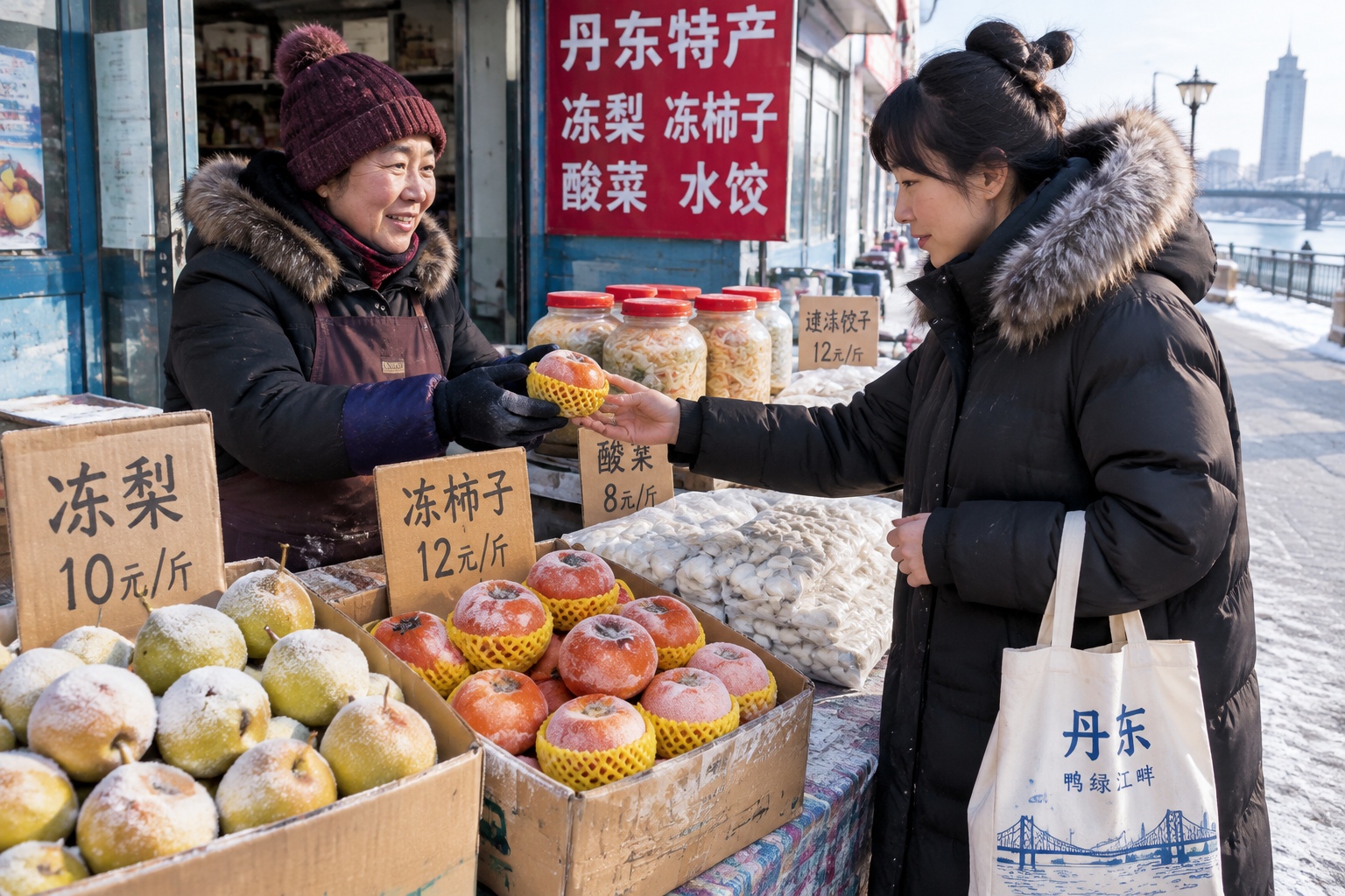 A winter shop in Dandong, Liaoning, sells frozen pears, frozen persimmons, and sauerkraut.