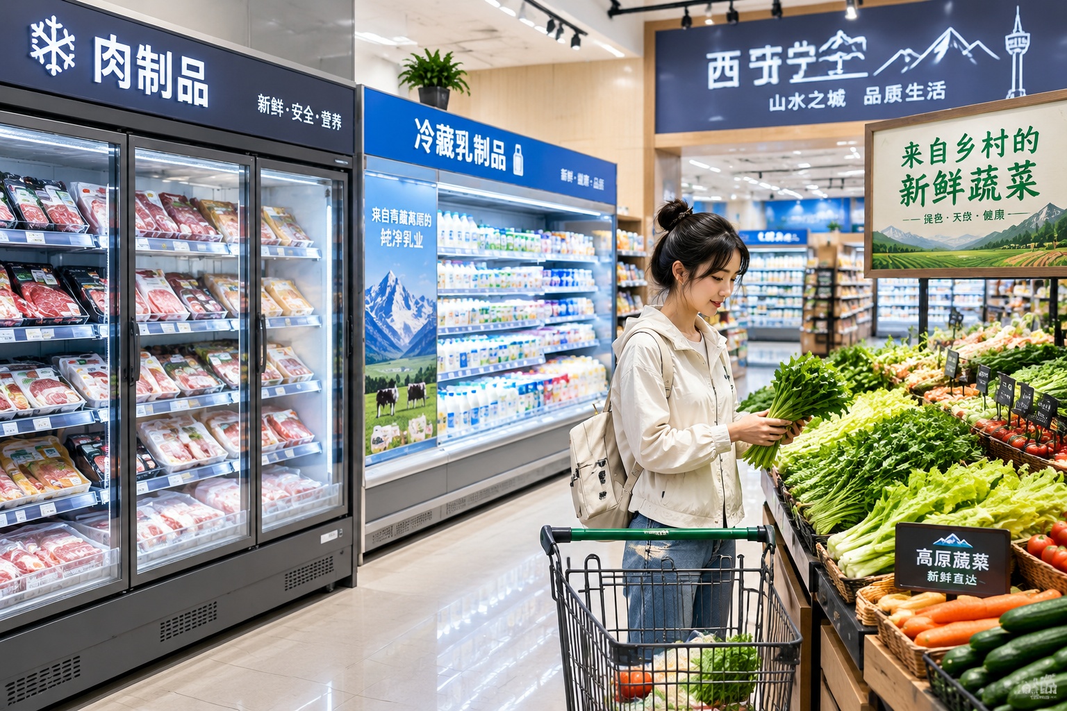 Interior of a modern grocery store in Qinghai displaying both traditional and imported food products