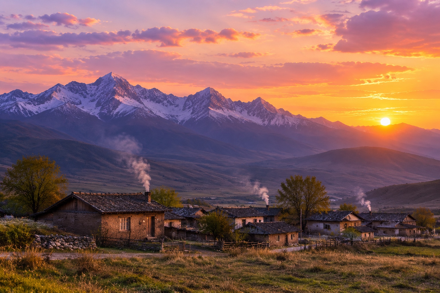 Sunset over the Qilian mountains with smoke rising from homes in a Qinghai village