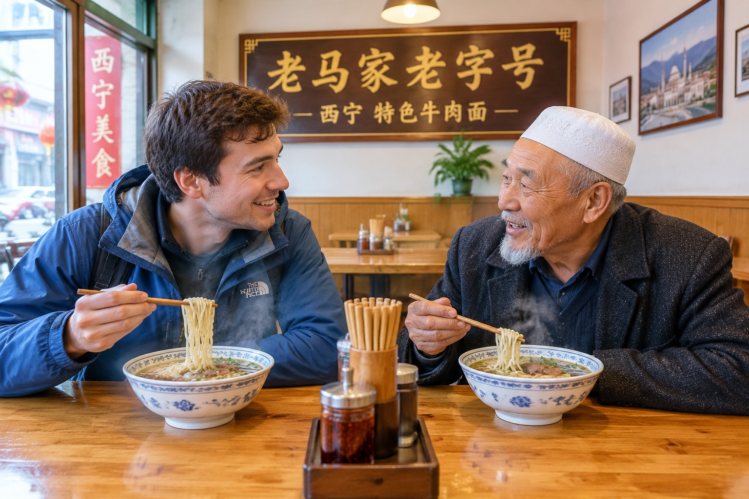 Tourist and elderly Chinese man sharing a meal of hot noodles at a street food stall in Xining