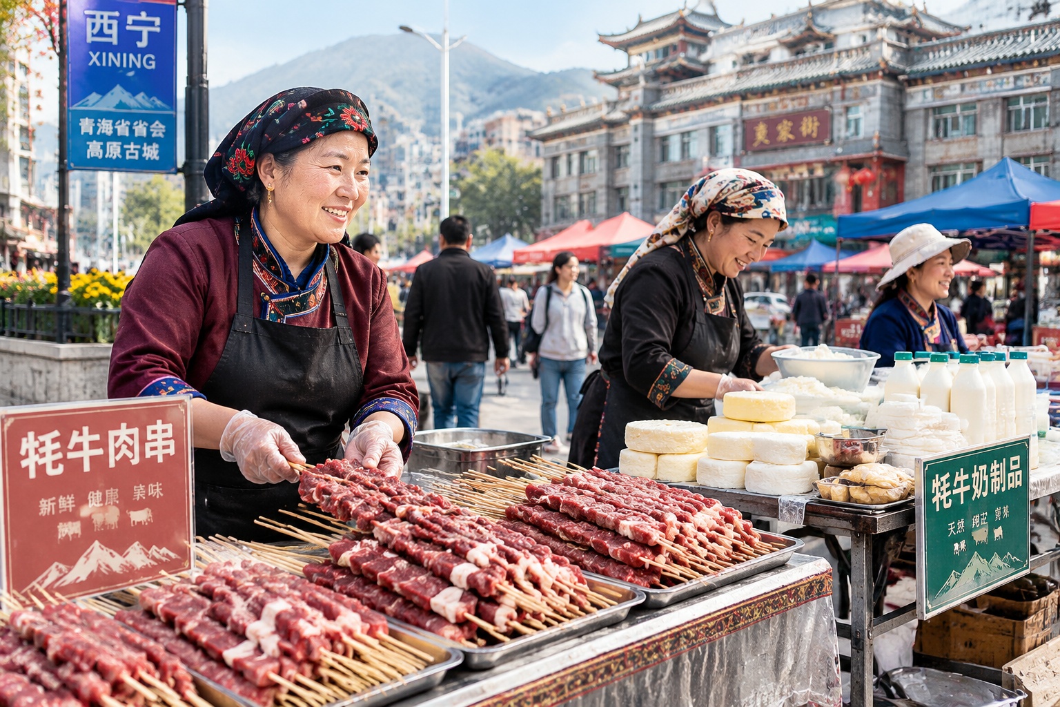 Rural women vendors selling yak meat and dairy products at a bustling morning market in Xining