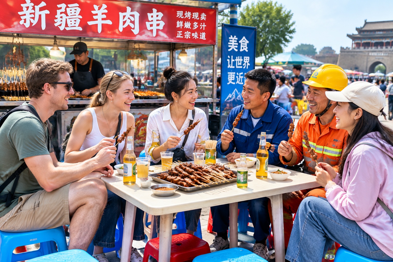 Diverse customers sitting side by side eating lamb skewers at a shared table in Xining