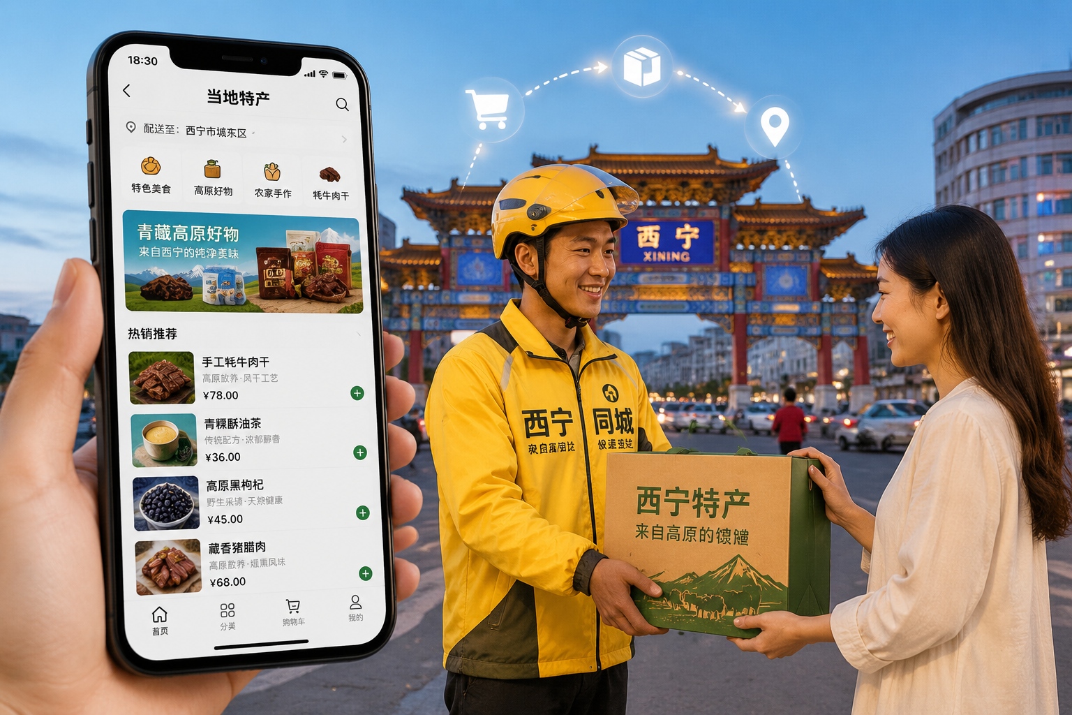 Smartphone displaying a food delivery app connecting rural cooks to urban customers in Qinghai
