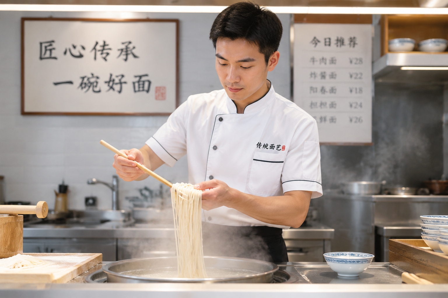 Young rural entrepreneur cooking handmade noodles in his popular restaurant in Xining