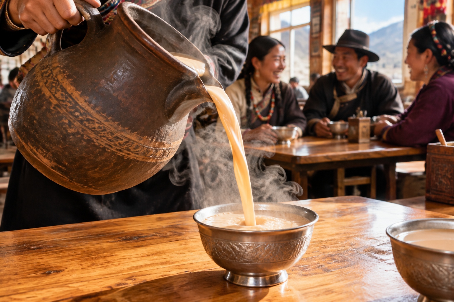 Close-up of traditional clay pot pouring hot butter tea into a metal bowl on a wooden table inside a busy Xining cafe with people chatting in the background