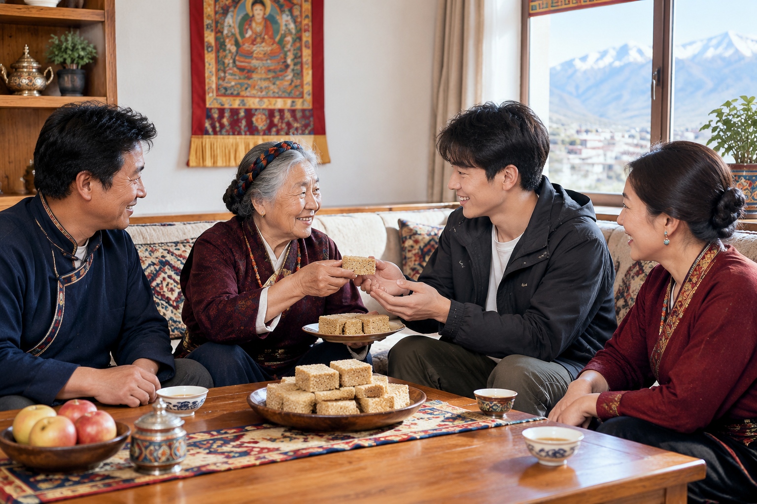 An elderly woman and a young man sharing highland barley biscuits at a living room table in a modern Qinghai home