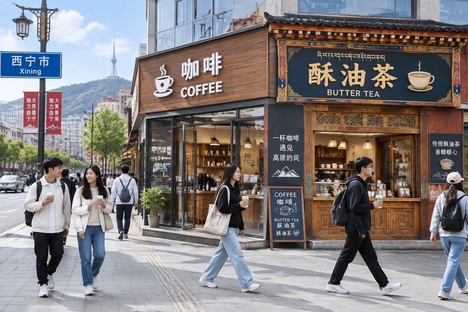 Busy street corner in Xining showing a cafe sign advertising both coffee and traditional butter tea to young pedestrians