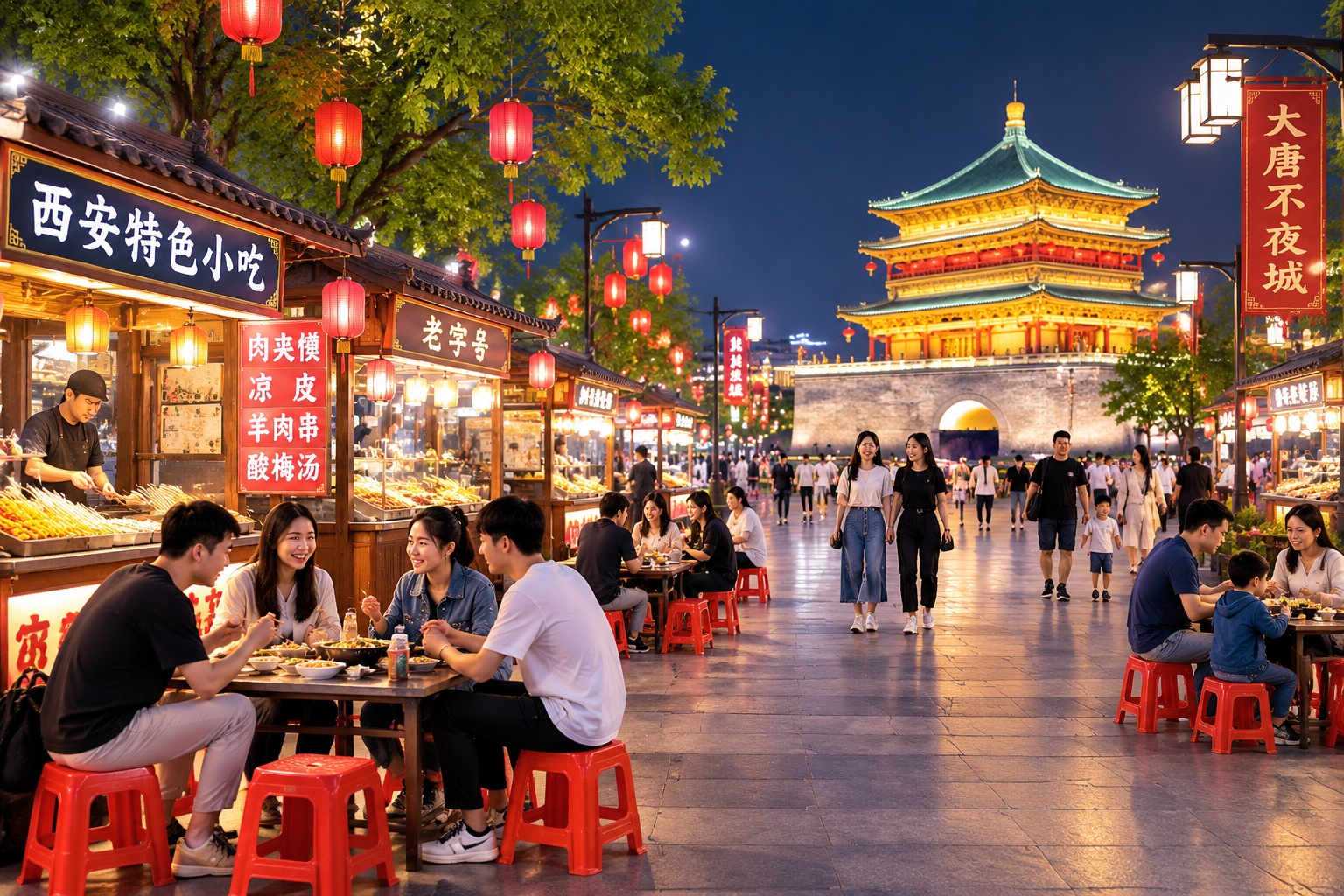 People dining and socializing in the organized public space of a Xi'an night market