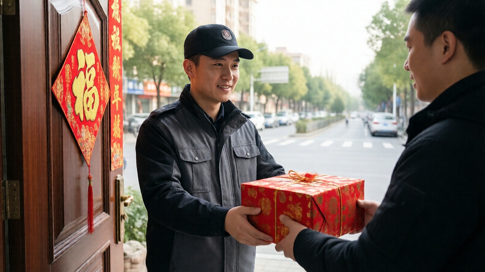 Chinese courier delivering a Spring Festival goods package to a customer during the pre-holiday shopping season