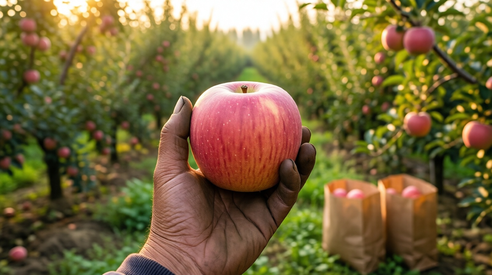 Close-up of a farmer's hand holding a ripe red Luochuan apple in a Shaanxi orchard at golden hour