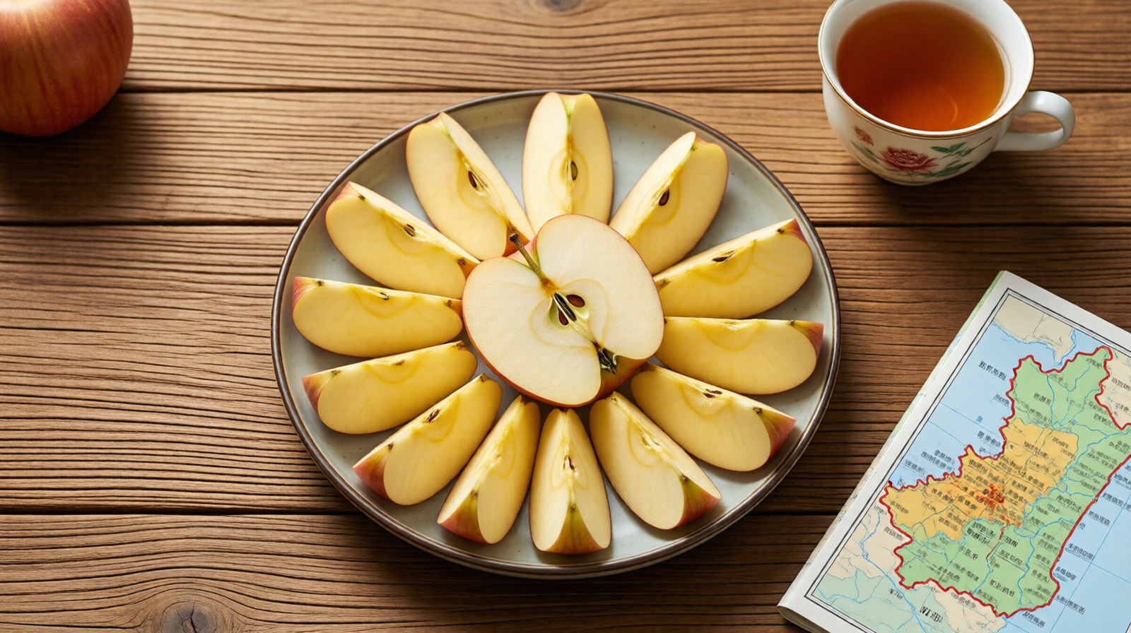 Slices of Luochuan apple on a wooden table with Chinese tea, displaying crisp juicy texture