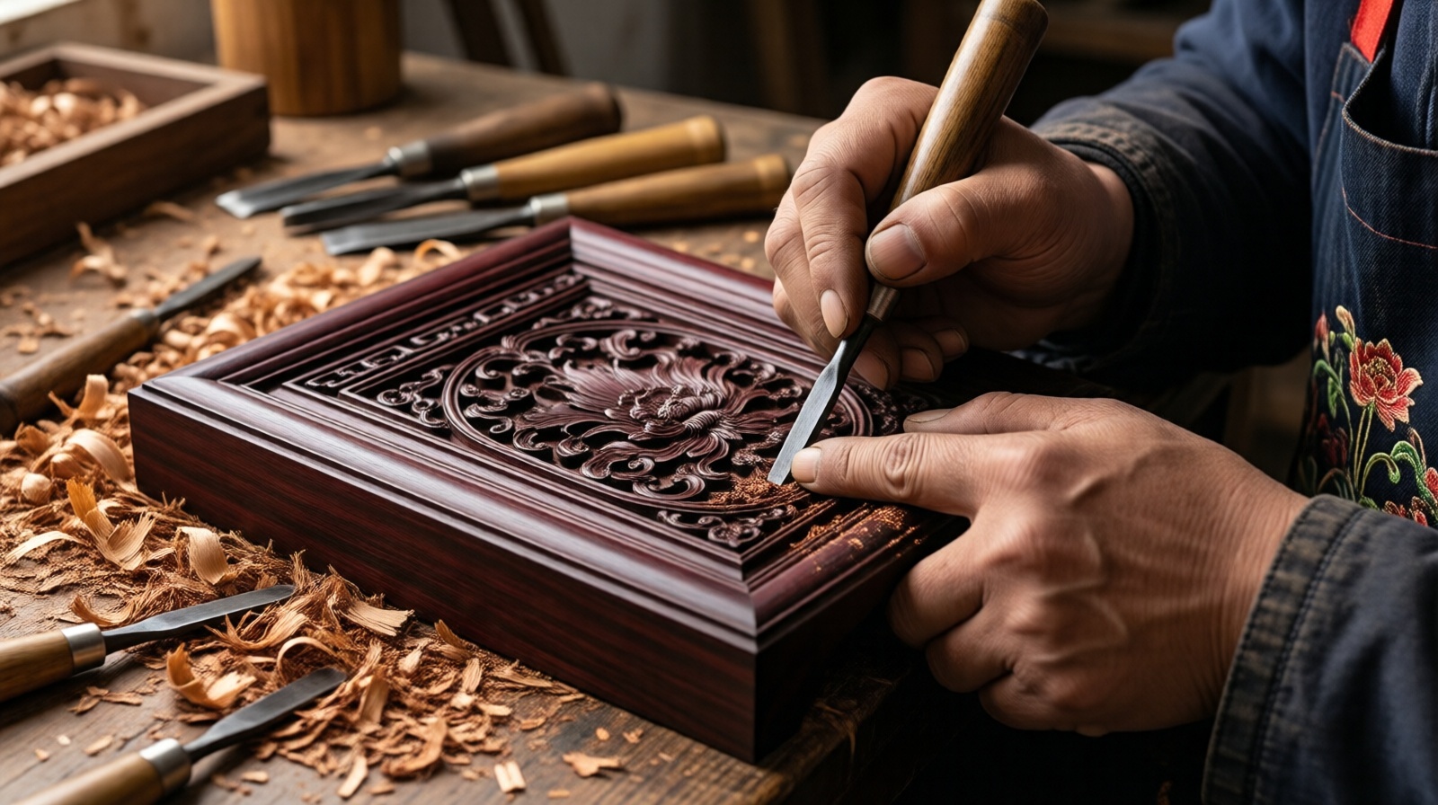 Chinese craftsman carving rosewood in a Fujian furniture workshop