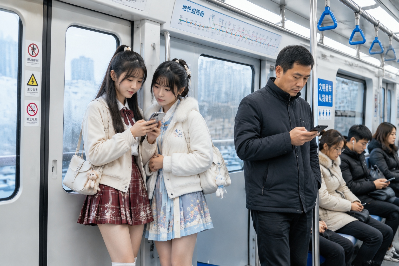 Teenage girls in short hanfu-style skirts standing in a crowded Chinese metro carriage on a weekday morning while other commuters read their phones