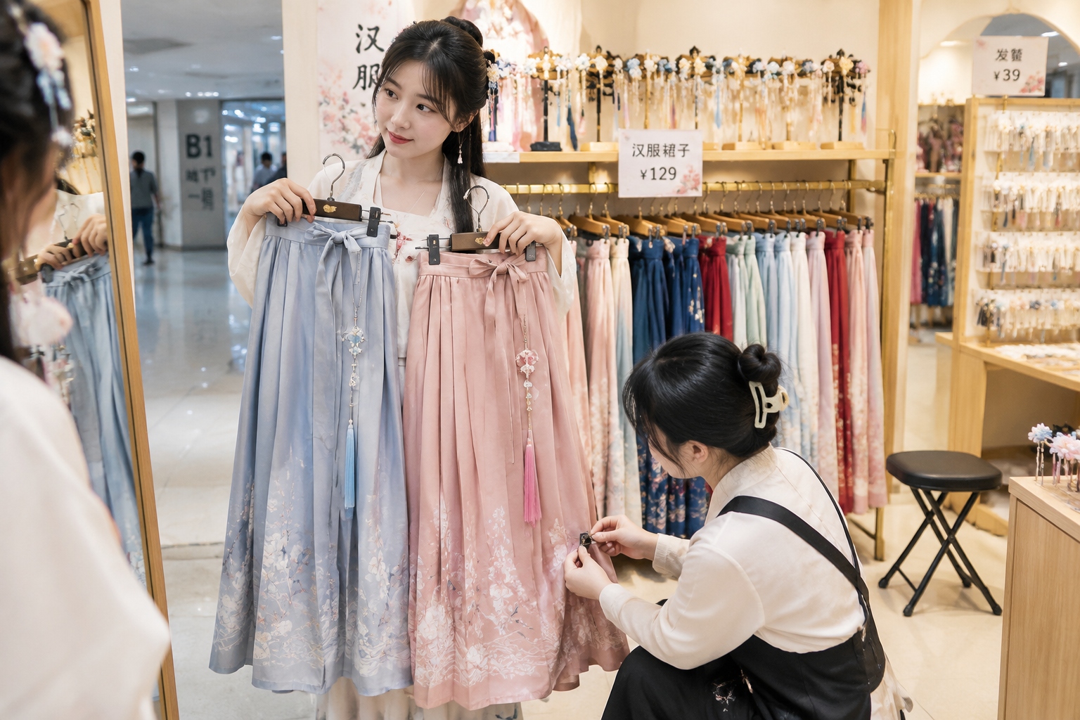A young woman trying on two pleated hanfu skirts in a small mall shop while an assistant adjusts the hem in front of a mirror