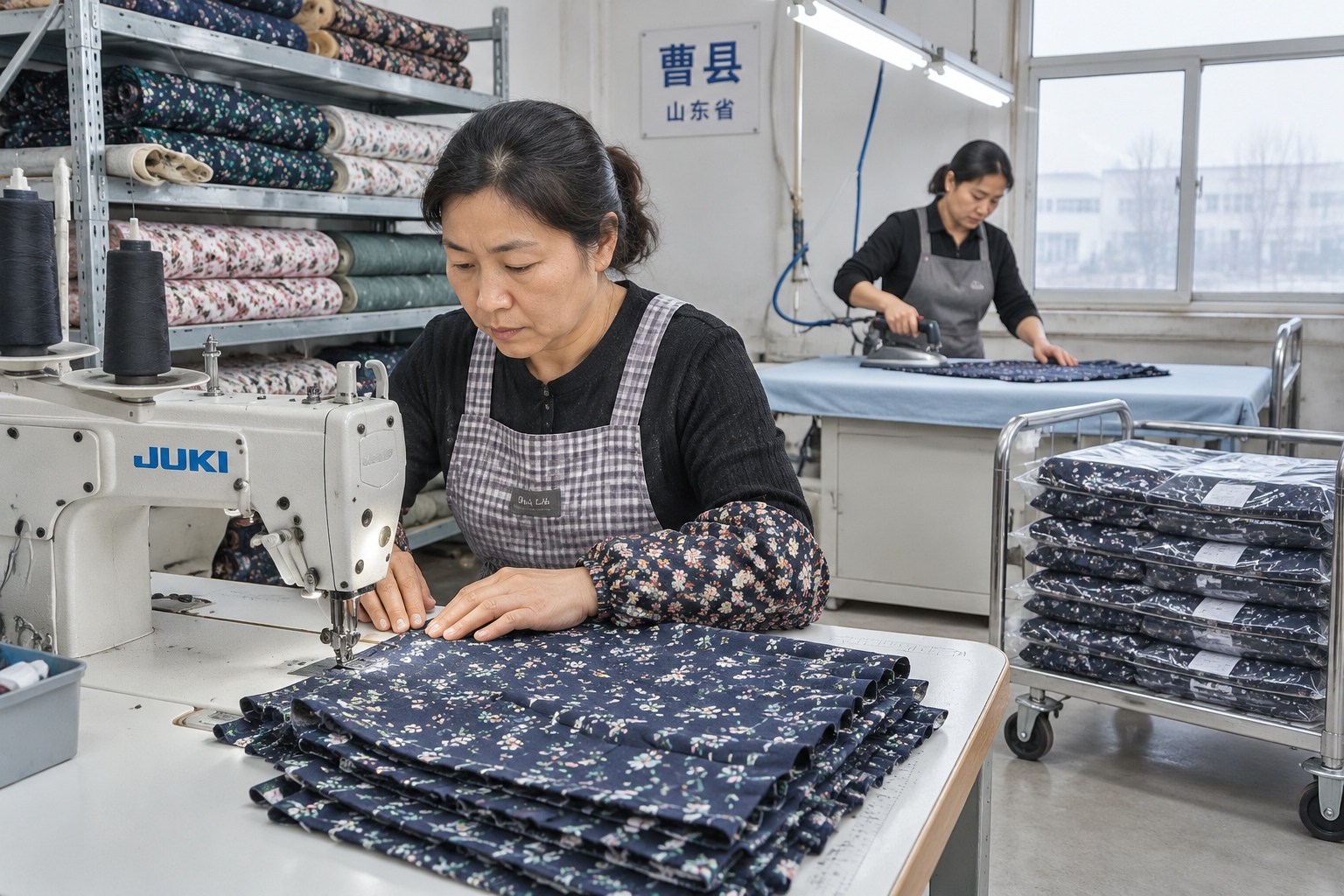 Workers sewing and pressing pleated hanfu skirt panels in a garment workshop in Caoxian, Shandong province
