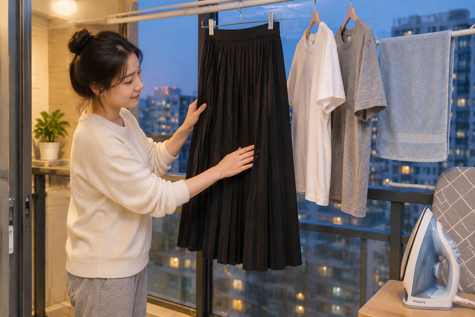 A black pleated hanfu skirt hanging on a drying rack on an apartment balcony at night beside T-shirts and a steam iron