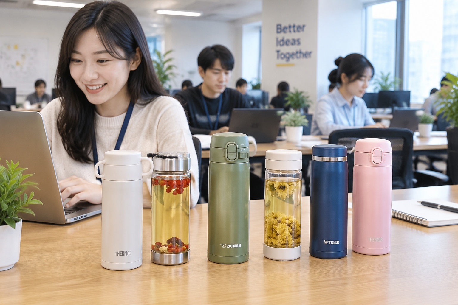 A row of thermoses with goji berries and chrysanthemum on an office desk, representing young Chinese TCM wellness trend.