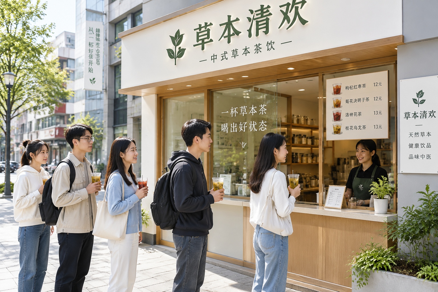 Young people queuing outside a traditional Chinese medicine tea shop in China, showing popularity of herbal wellness drinks.