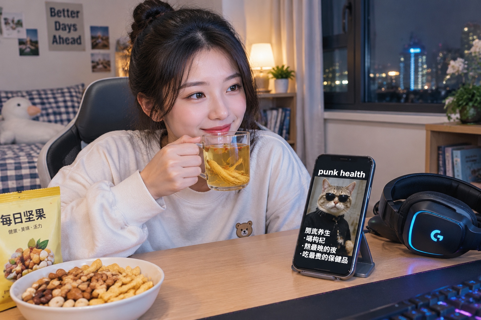A young woman using TCM ginseng tea while surrounded by gaming gear and snacks, illustrating 'punk health' lifestyle.
