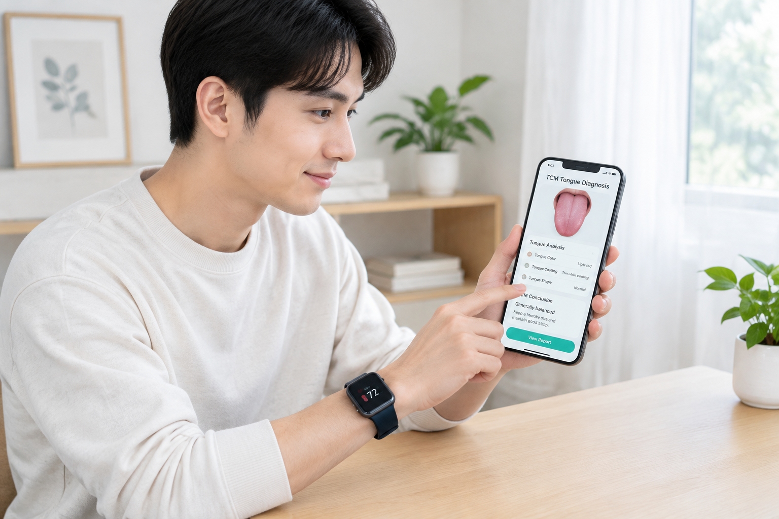Young man using a TCM tongue diagnosis app on smartphone, integrating ancient medicine with modern technology.