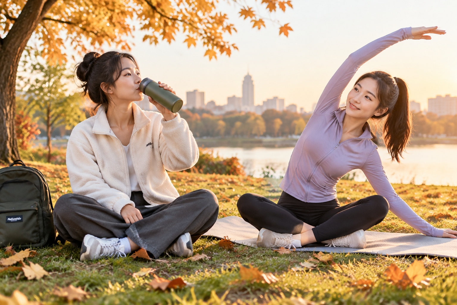 Two young people practicing TCM wellness and yoga in a park, embodying balance and self-care.