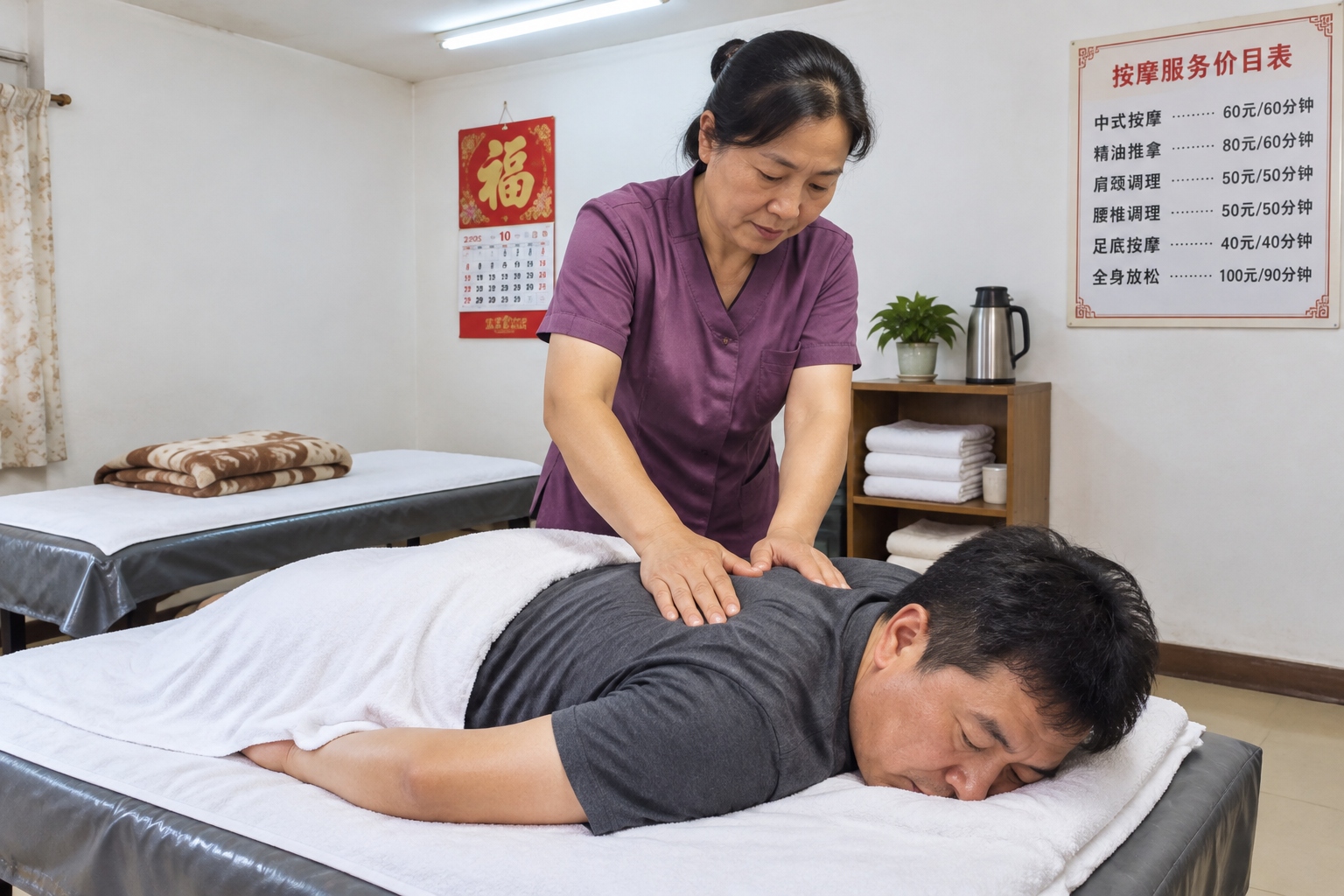 A massage therapist pressing his thumbs into a customer's shoulder inside a small neighbourhood blind massage shop in China