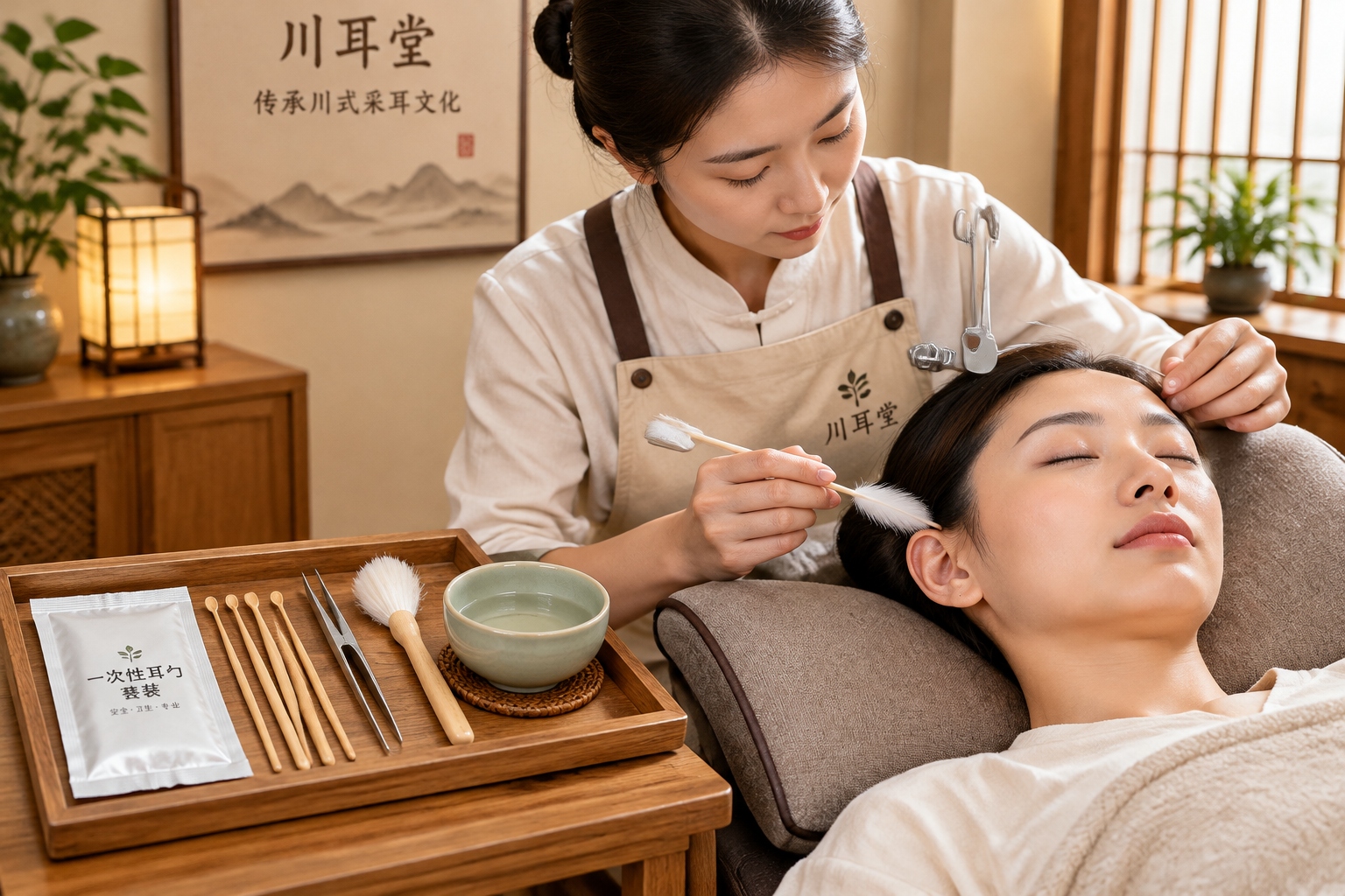 A practitioner using a goose-feather stick and tuning fork to clean a customer's ear in a Chengdu ear-cleaning studio