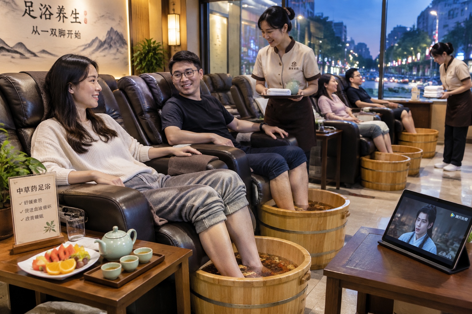 Customers soaking their feet in wooden basins inside a busy Chinese foot massage salon in the evening