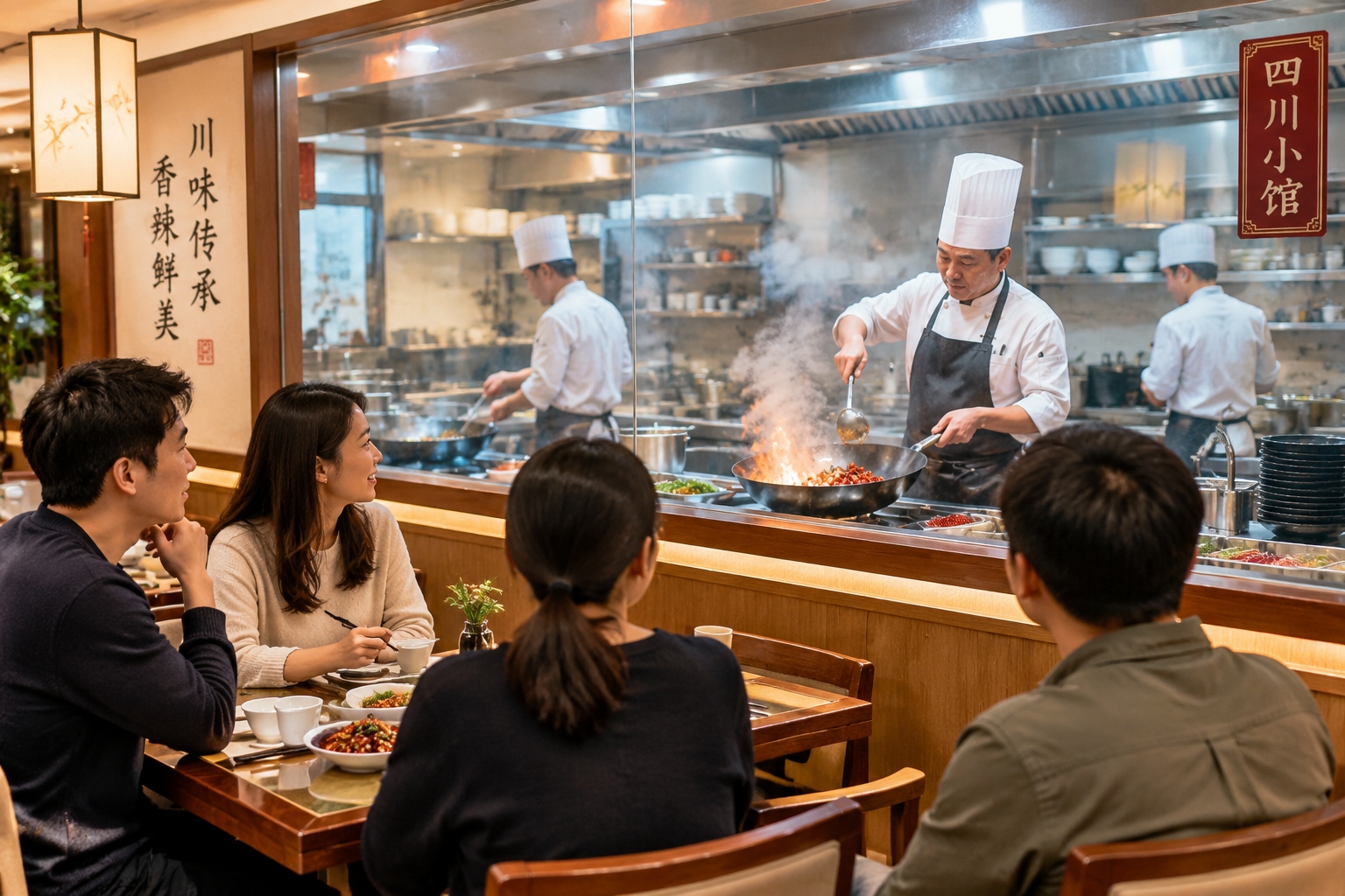 Diners watching chefs through a glass window in a Sichuan restaurant transparent kitchen, Chengdu, China.