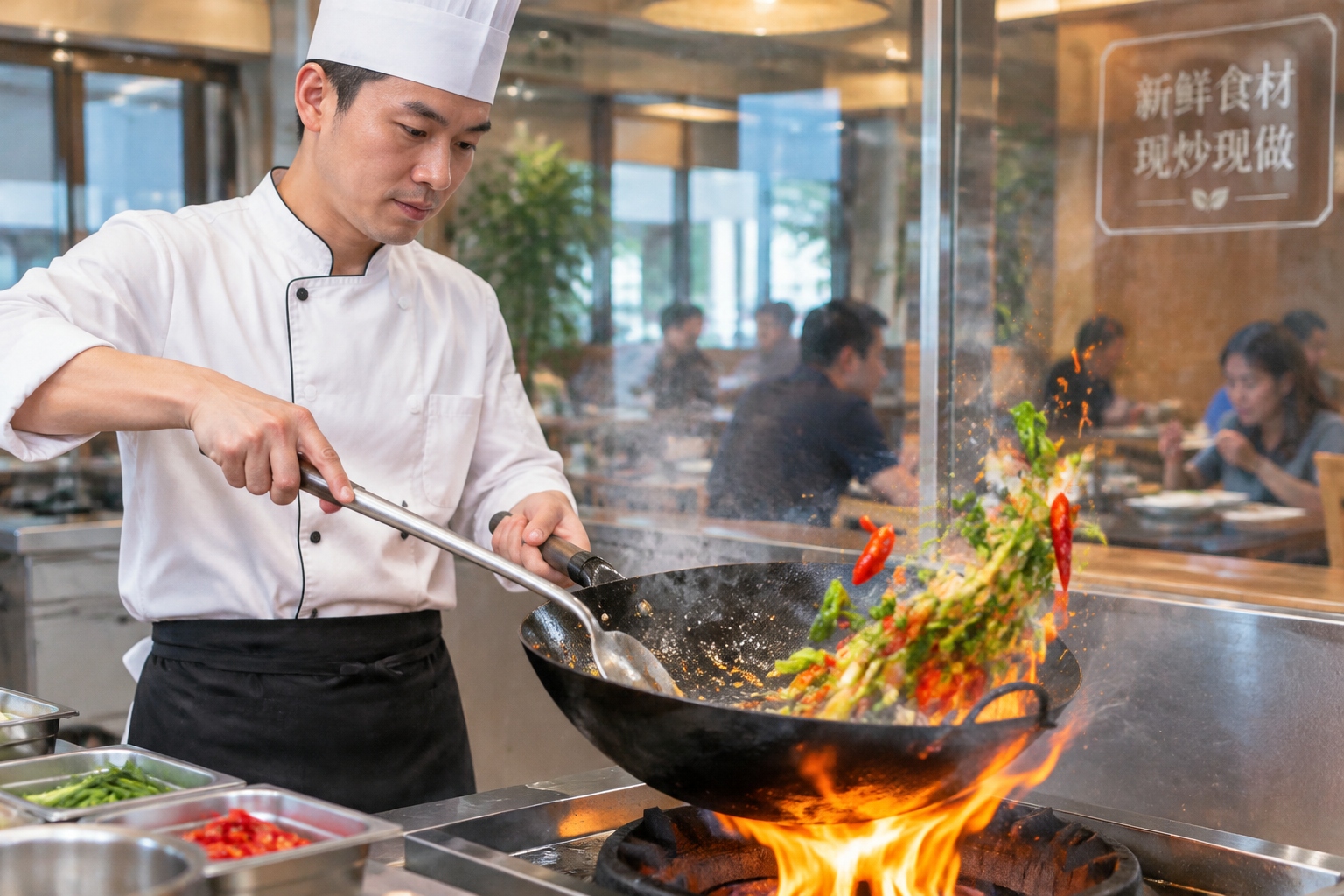 Chef stir-frying vegetables and chili peppers in a transparent kitchen, emphasizing fresh ingredients and visible cooking methods.