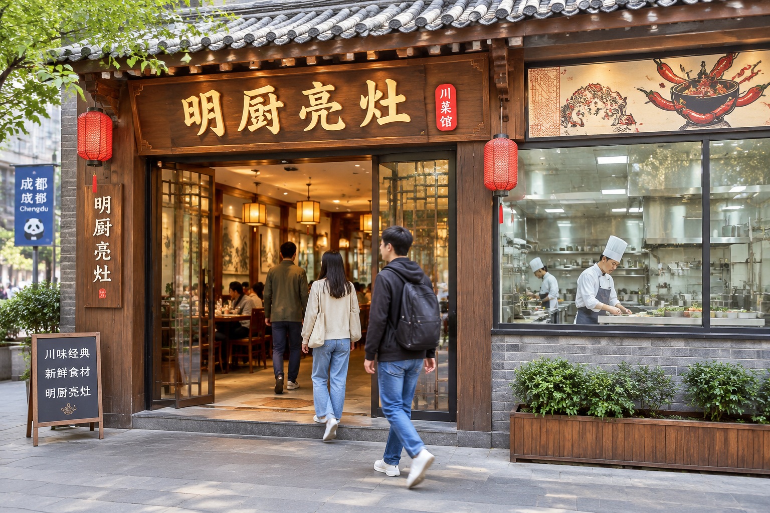 Sichuan restaurant entrance displaying 'Mingchu Liangzao' sign with transparent kitchen visible from the street, Chengdu.