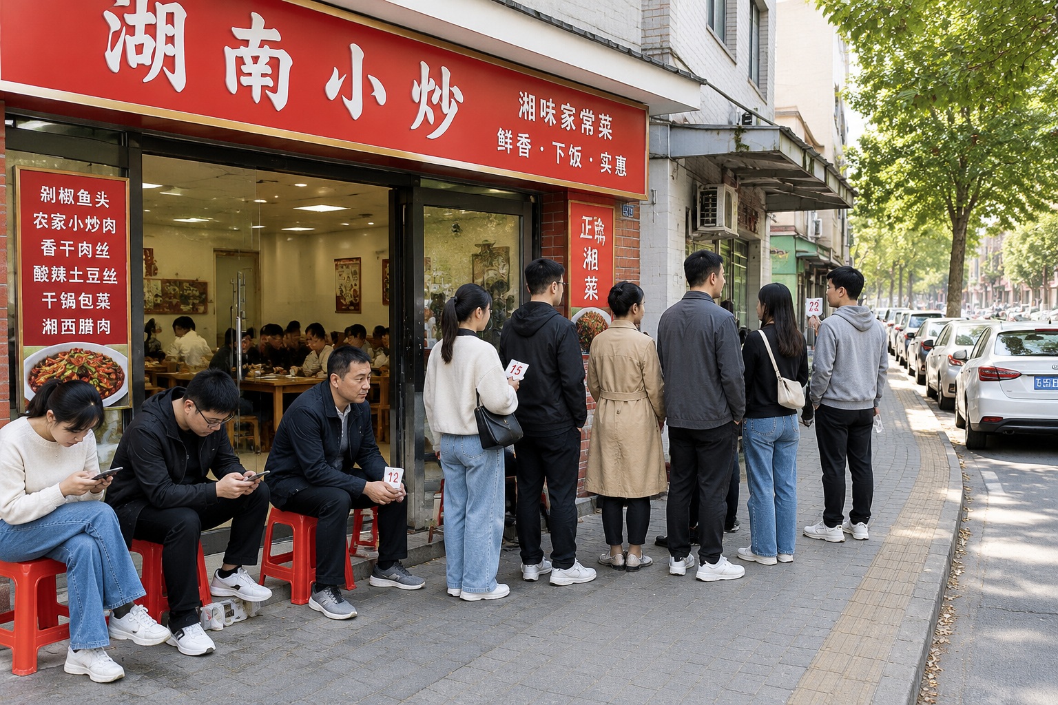 Customers queuing outside a Hunan restaurant on a small town street.
