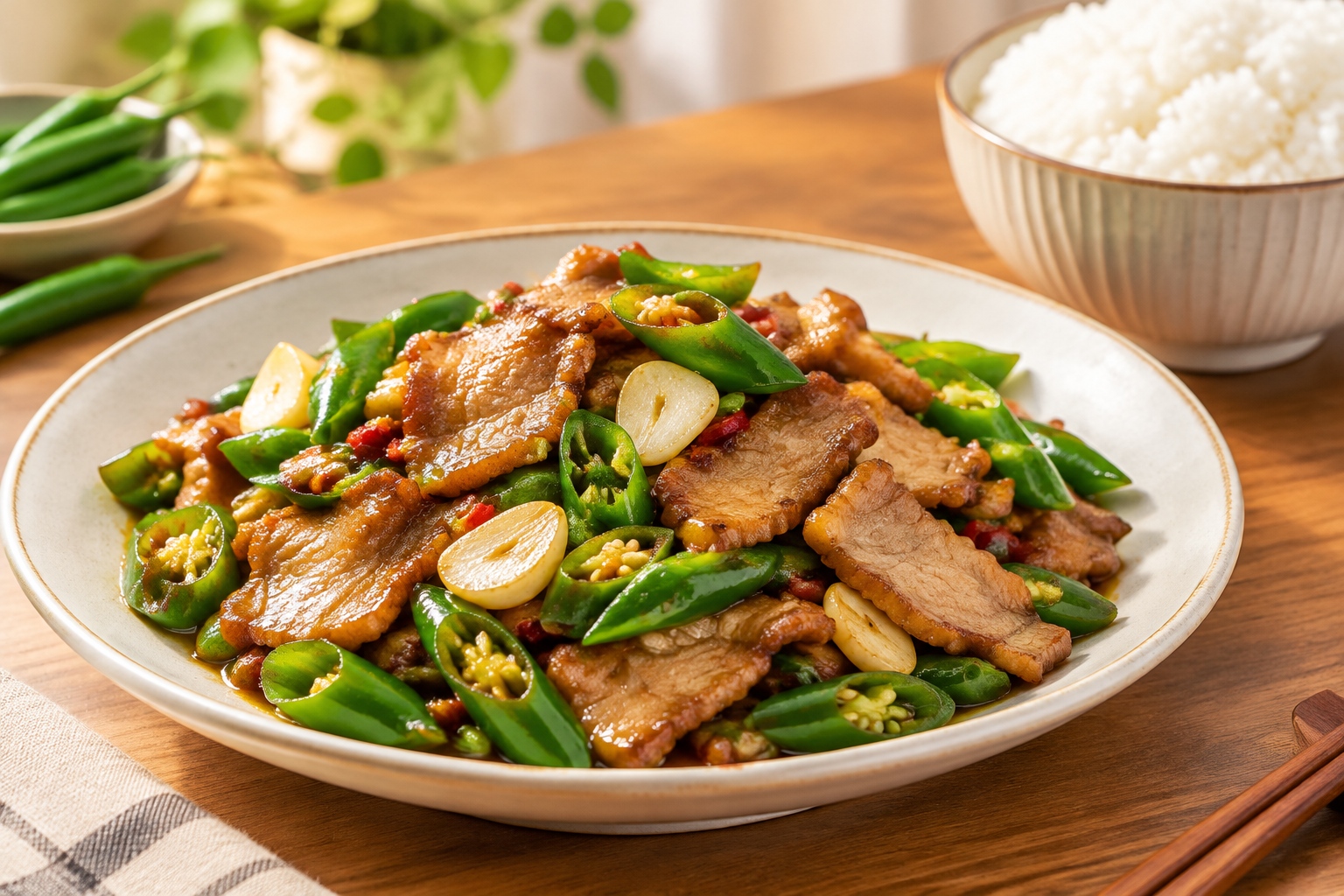 A plate of Hunan chili fried pork with green chilies and rice.