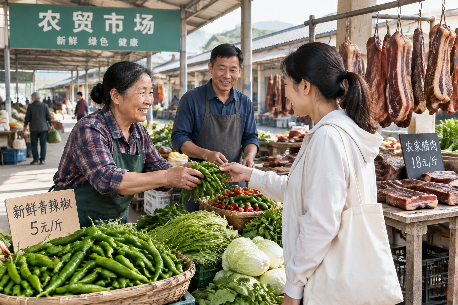 Farmers selling chilies and cured pork at a county market.