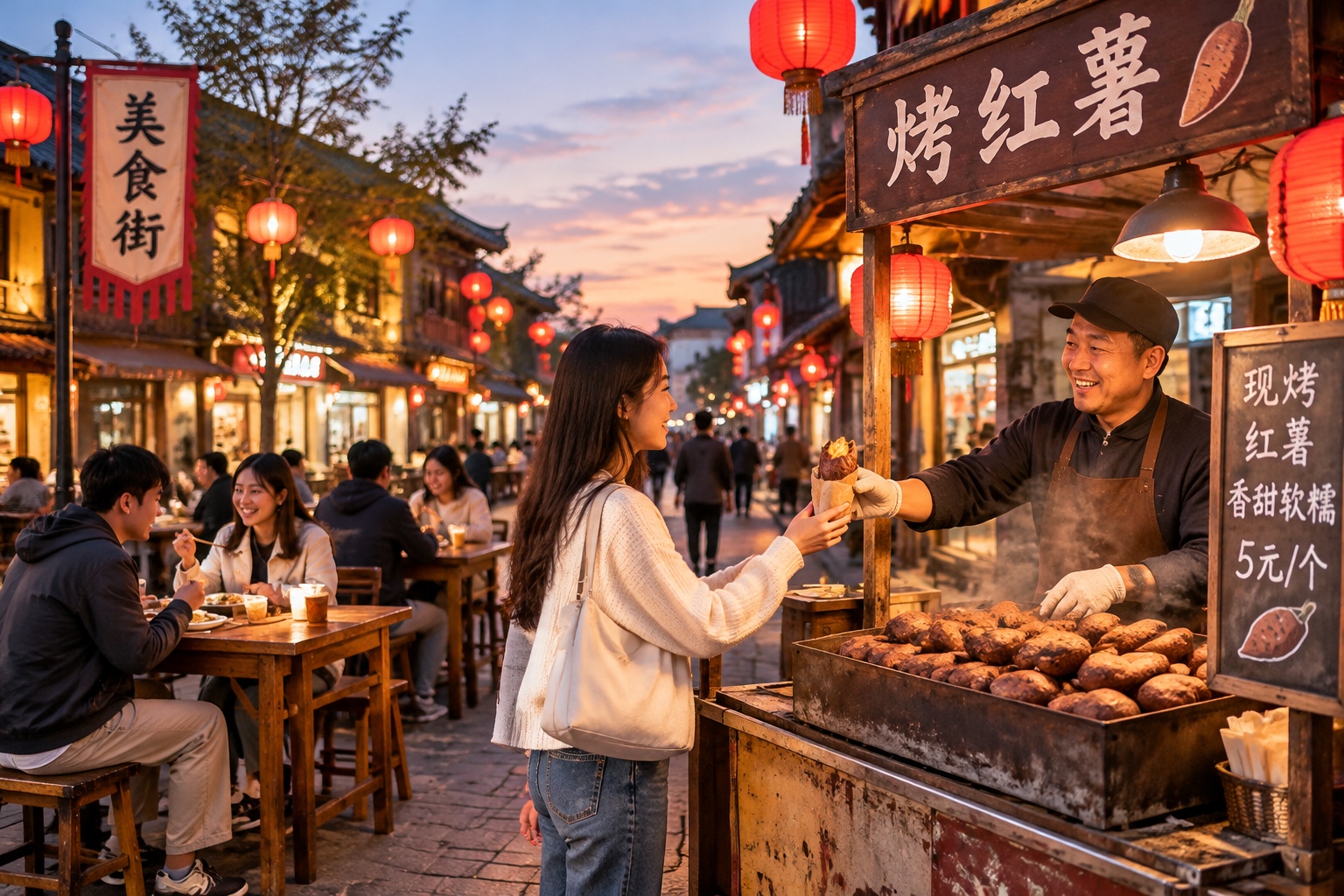 Evening on a revived food street in a Hunan county town.