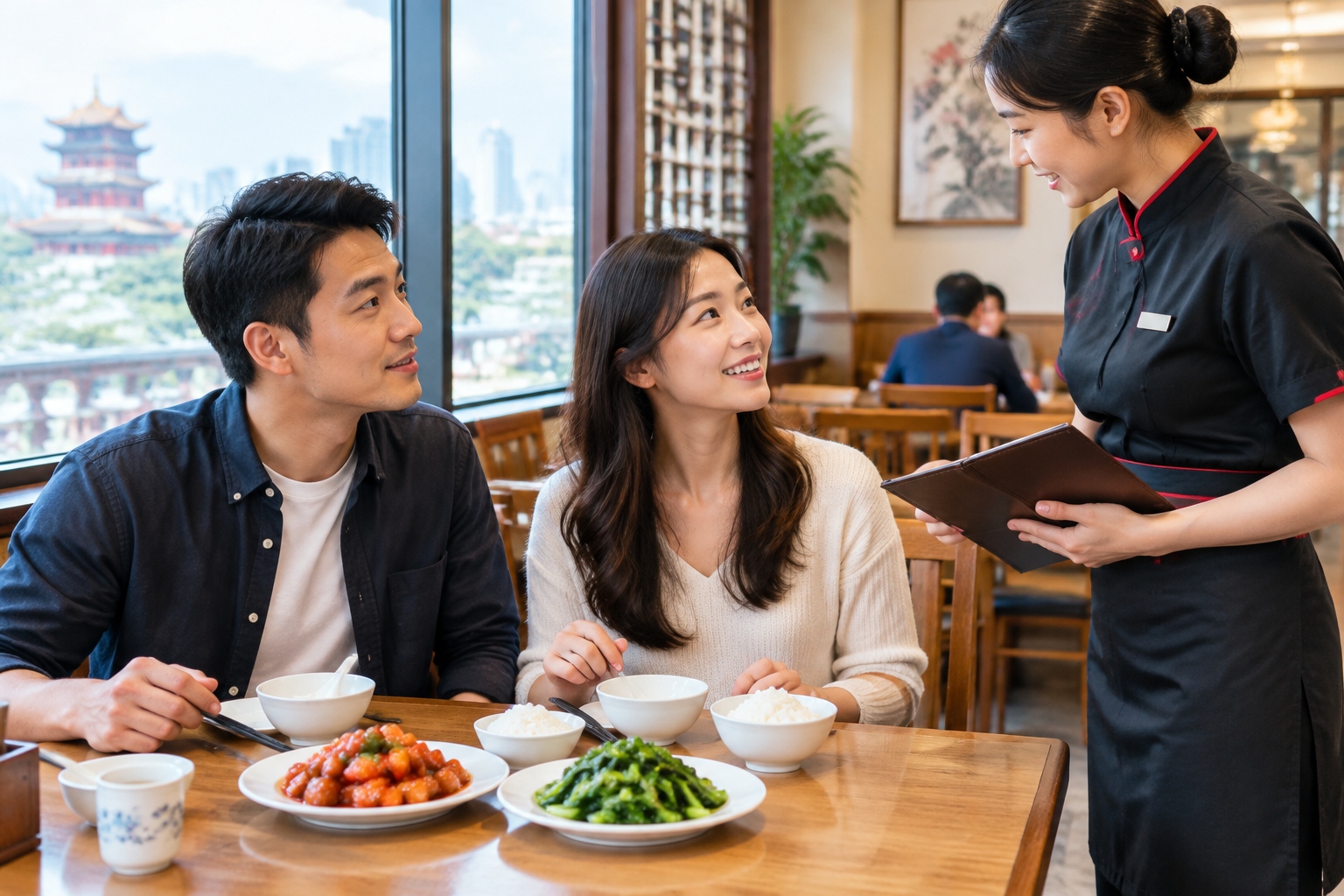 Young couple ordering a small portion of sweet and sour pork with greens and rice at a busy Shandong restaurant in Jinan