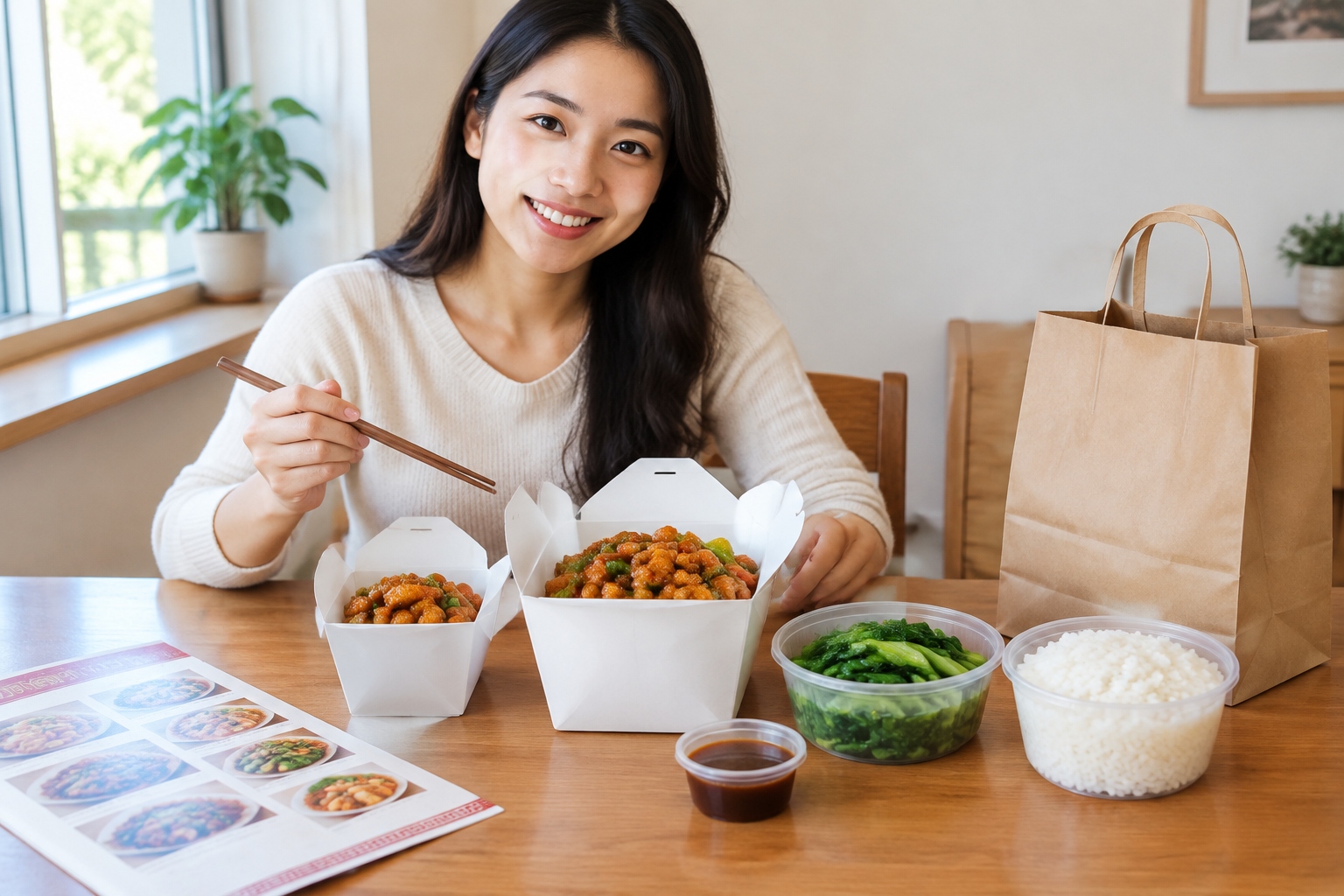 Chinese restaurant menu with small portion options beside takeout containers and a separate sauce cup for sweet and sour pork