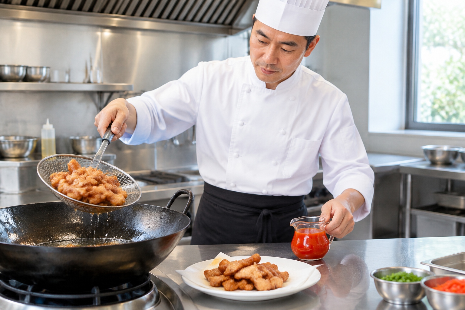 Chinese chef preparing sweet and sour pork in a restaurant kitchen and setting aside a small jug of sauce