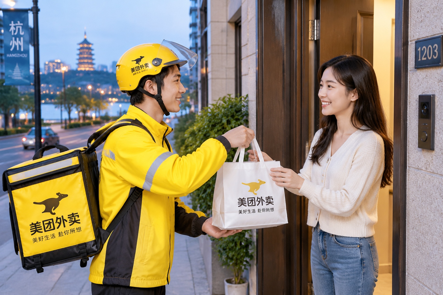 From Family Reunions to Food Delivery: How Zhejiang Keeps Traditional Feasts Alive 23 Food delivery rider handing over traditional Chinese meal to a customer in Hangzhou
