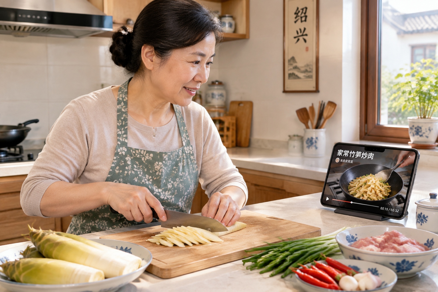 From Family Reunions to Food Delivery: How Zhejiang Keeps Traditional Feasts Alive 24 Home cook in Zhejiang learning traditional recipes from online video