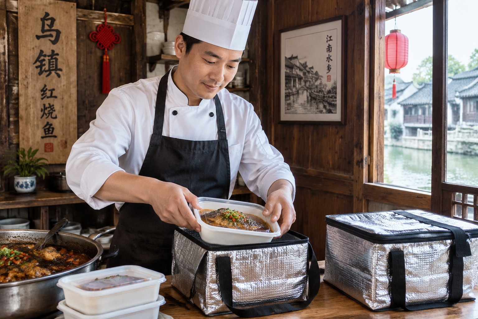 From Family Reunions to Food Delivery: How Zhejiang Keeps Traditional Feasts Alive 25 Restaurant owner packing traditional Zhejiang dish for food delivery