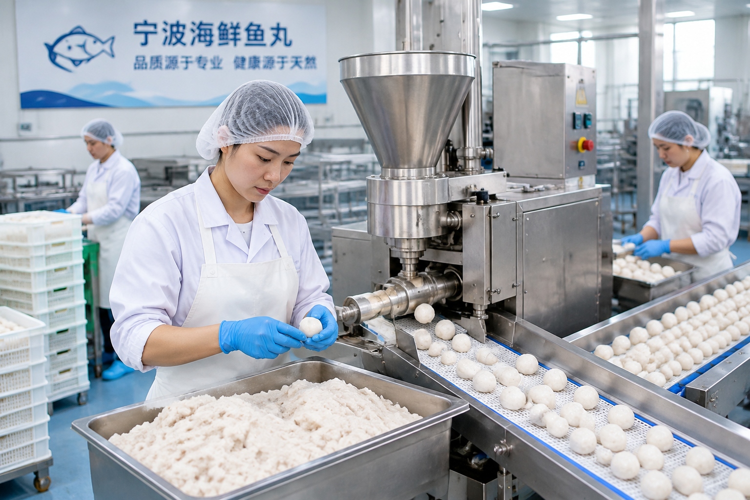 Workers in a Ningbo fish ball factory operating stainless steel machinery to produce uniform fish balls on a conveyor belt
